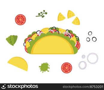 Cheese and olives mexican fastfood taco recipe ingredients. Perfect for tee, stickers, menu and stationery. Isolated vector illustration for decor and design. 