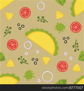 Cheese and olives mexican fastfood taco seamless pattern. Perfect print for tee, paper, textile and fabric. Simple vector background for decor and design.