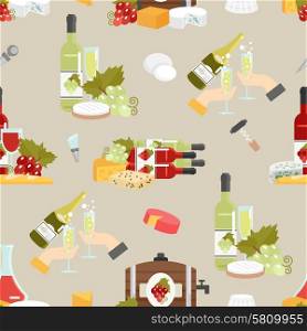 Cheese And Wine Decorative Pattern. Wine in bottles and glasses with cheese and accessories flat color decorative seamless pattern vector illustration
