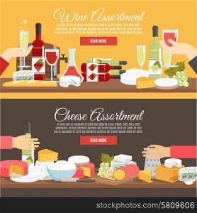 Cheese And Wine Flat Banner Set. Cheese assortment and wine in bottles decanters and glasses flat color horizontal banner set isolated vector illustration