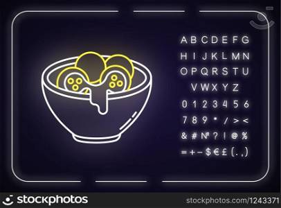 Cheese bread neon light icon. Arancini. Brazilian traditional food. National cuisine. Bakery product. Outer glowing effect. Sign with alphabet and symbols. Vector isolated RGB color illustration