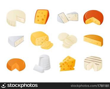 Cheese. Cartoon milk products pieces. Gourmet dairy food set. Dor blue and cheddar. Isolated brie or camembert. Delicious gouda of varying maturity. Isolated cooking ingredient. Vector appetizers set. Cheese. Cartoon milk products pieces. Gourmet dairy food set. Dor blue and cheddar. Brie or camembert. Delicious gouda of varying maturity. Cooking ingredient. Vector appetizers set