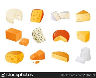 Cheese. Cow goat and sheep dairy products of varying maturity. Isolated camembert and gouda slices. Gourmet appetizer. Dor blue, camembert or cheddar pieces. Vector natural delicious milk food set. Cheese. Cow goat and sheep dairy products of varying maturity. Camembert and gouda slices. Gourmet appetizer. Dor blue, camembert or cheddar pieces. Vector natural delicious food set