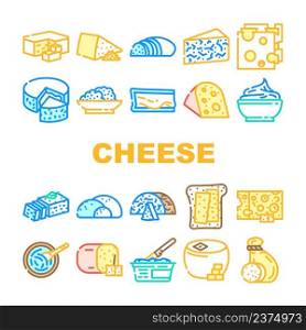 Cheese Dairy Delicious Nutrition Icons Set Vector. Cheddar And Mozzarella, Blue Cheese And Feta, Gouda And Camembert, Swiss And Mascarpone Milky Eatery Food. Tasty Nutrient Color Illustrations. Cheese Dairy Delicious Nutrition Icons Set Vector