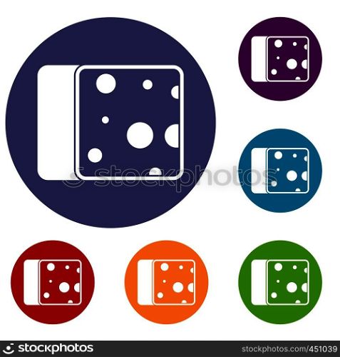 Cheese icons set in flat circle reb, blue and green color for web. Cheese icons set