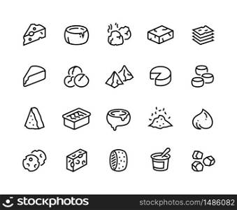 Cheese line icons. Sour dairy products, mozzarella parmesan ricotta cheddar and blue cheese. Vector collection outline set of brie camembert and butter cheese. Cheese line icons. Sour dairy products, mozzarella parmesan ricotta cheddar and blue cheese. Vector outline set of brie camembert and butter cheese