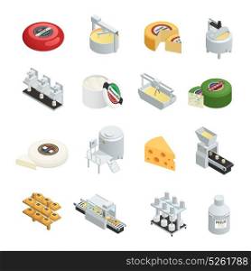 Cheese Production Isometric Icons Collection . Dairy production factory isometric icons set with creamy soft and hard cheese varieties ripening isometric isolated vector illustration