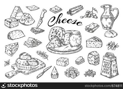 Cheese sketch. Hand drawn milk products, gourmet food slices, cheddar Parmesan brie. Vector breakfast vintage illustration pencil hand drawn. Cheese sketch. Hand drawn milk products, gourmet food slices, cheddar Parmesan brie. Vector breakfast vintage illustration