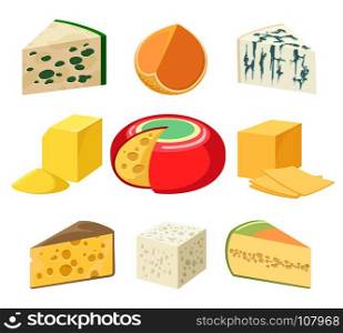 Cheese types and slices. Cheese. cheeses types and slices delicatessen groceries isolated on white, gouda and feta, parmigiano and cheddar, gorgonzola and roquefort, vector illustration
