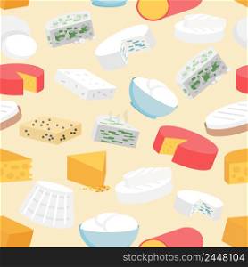 Cheese variety flat seamless pattern with cheddar mozzarella gouda camembert vector illustration. Cheese Seamless Pattern
