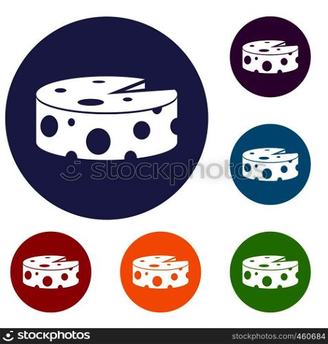 Cheese wheel icons set in flat circle reb, blue and green color for web. Cheese wheel icons set