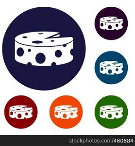 Cheese wheel icons set in flat circle reb, blue and green color for web. Cheese wheel icons set