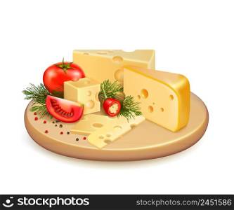 Cheese with vegetables, fresh greens and spice on wooden plate 3d composition on white background vector illustration. Cheese Vegetables Composition