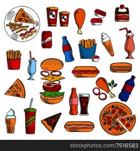 Cheeseburger and pepperoni pizza, hot dog with ketchup, mustard and mayonnaise, french fries and fried chicken legs, pie and chocolate cake, paper cups of coffee and soda, ice cream and desserts. Sketches of fast food and desserts