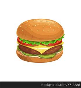 Cheeseburger burger, fast food sandwich menu vector isolated icon. Fastfood restaurant or street food bistro sandwich snack or meal, hamburger or burger on sesame bun with meat patty and cheese. Cheeseburger burger, fast food sandwich menu icon