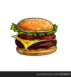 Cheeseburger fast food sketch icon. Vector hamburger with sesame bun, fresh lettuce, tomatoes slices, meat cutlet, cheese. Burger lement for restaurant signboard, eatery menu, cafe label. Cheeseburger fast food sketch icon