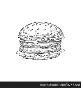 Cheeseburger fastfood snack isolated hamburger monochrome sketch icon. Vector street food, bun with cheese, beef and vegetables, lettuce leaves. Burger takeaway food, cheeseburger in black and white. Hamburger drawing fastfood snack takeaway sandwich
