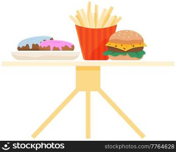 Cheeseburger, french fries and donuts on small table cartoon fast food unhealthy products for lunch. Hamburger, potato snack and sweet high-calorie loaf dessert on coffee table. American meal. Cheeseburger, french fries and donuts on small table cartoon fast food unhealthy products for lunch