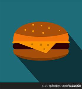 Cheeseburger icon. Flat illustration of cheeseburger vector icon for web on baby blue background. Cheeseburger icon, flat style
