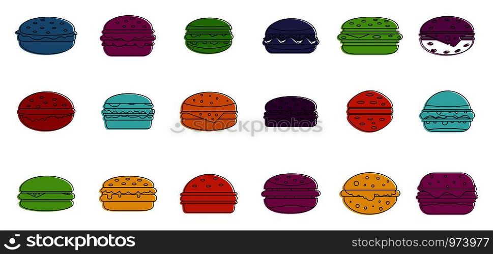 Cheeseburger icon set. Color outline set of cheeseburger vector icons for web design isolated on white background. Cheeseburger icon set, color outline style