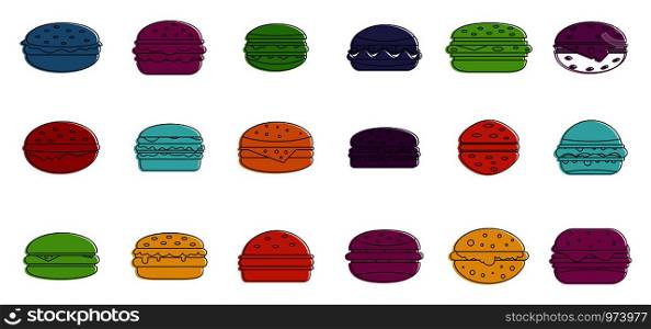 Cheeseburger icon set. Color outline set of cheeseburger vector icons for web design isolated on white background. Cheeseburger icon set, color outline style