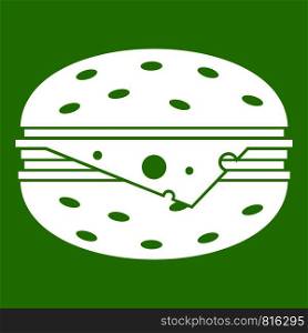 Cheeseburger icon white isolated on green background. Vector illustration. Cheeseburger icon green