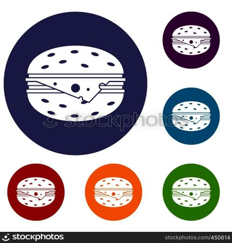 Cheeseburger icons set in flat circle reb, blue and green color for web. Cheeseburger icons set