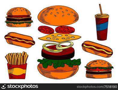 Cheeseburger sketch symbol with fresh tomato and onion vegetables, cheese and beef patty, surrounded by double cheeseburger, hot dog, takeaway paper cup of coffee and box of french fries. Cheeseburgers, hot dogs, fries and coffee sketches