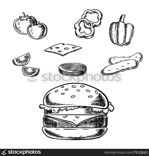 Cheeseburger sketch with grilled patty, cheese, fresh tomatoes, cucumbers, bell pepper vegetables and wheat bun with sesame.