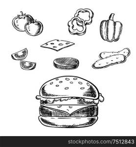 Cheeseburger sketch with grilled patty, cheese, fresh tomatoes, cucumbers, bell pepper vegetables and wheat bun with sesame.