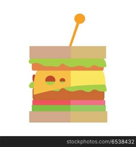 Cheeseburger vector illustration. Flat design. Classic sandwich with meat, cheese, tomatoes salad and sauces. Fast food concept for cafe, snack bar, street restaurant ad, menu. Isolated on white. . Fast Food Cheeseburger Vector in Flat Design.. Fast Food Cheeseburger Vector in Flat Design.