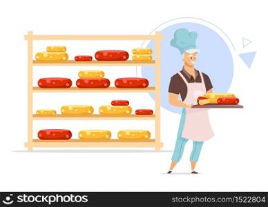 Cheesemaker with tray flat color vector illustration. Cheesemaking. Chef next to shelf with cheese. Dairy product. Man in storage room. Isolated cartoon character on white background
