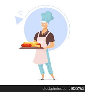 Cheesemaker with tray flat color vector illustration. Cheesemaking concept. Male chef in apron. Cheese store. Food industry. Dairy product. Isolated cartoon character on white background