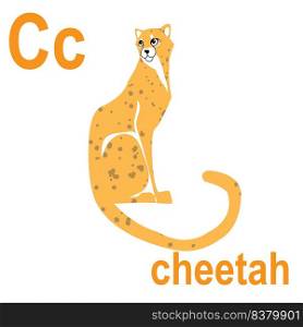 Cheetah is a predatory cat, ABC banner. Postcards and posters with the alphabet. Design of a children’s room. C is for cheetah. Vector clipart, hand-drawn illustration.