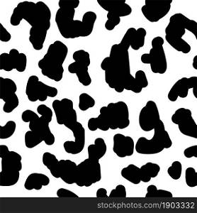 Cheetah or leopard animal print in black and white. Seamless pattern of spots and dots. Wildlife jungle or savannah motif or theme. Exotic texture or textile, wallpaper. Vector in flat style. Leopard print with spots and dots seamless pattern