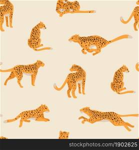 Cheetah with spotted fur running and sitting still. Leopard from feline family. Mammal with exotic print of skin. Nature and wildlife in savannah or africa. Seamless pattern, vector in flat style. Leopard animal, cheetah still, in motion pattern