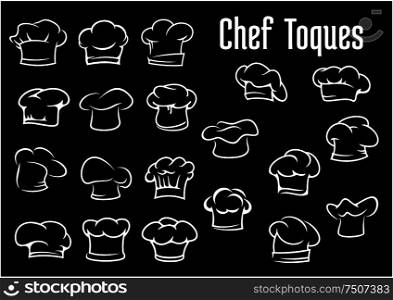 Chef and cook hats, caps ot toques icons isolated on black background for restaurant or cafe design. Chef and cook hats, caps or toques