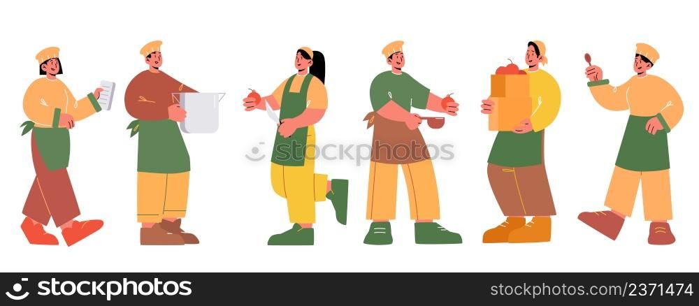 Chef and kitchen workers, restaurant or cafe staff. Vector flat illustration of professional cooks team, women and men in hat and apron with cooker pot, menu, knife, spoon and vegetables. Chef and kitchen workers, restaurant or cafe staff