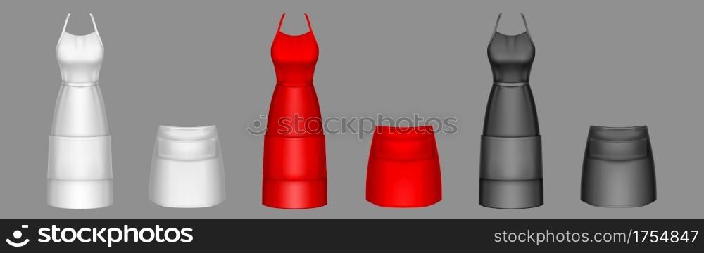 Chef aprons, black, red and white cook uniform 3d vector mockup. Kitchen female long and short bibs or pinafore with front pocket realistic templates. Restaurant or cafe garment isolated design, set. Chef aprons, black, red, white uniform on hangers