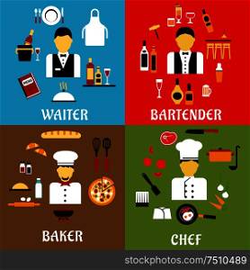 Chef, baker, waiter and bartender professions flat icons with workers of food service industry in professional uniform, with food and drink symbols. Chef, baker, waiter and bartender professions