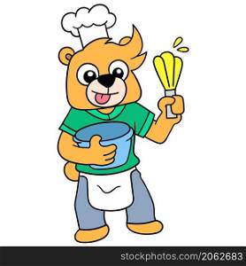 chef bear is in the kitchen kneading the dough to make a cake