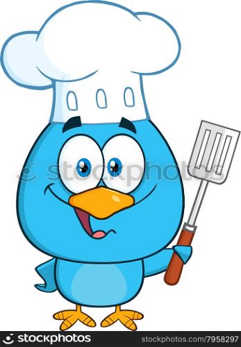 Chef Blue Bird Cartoon Character Holding A Slotted Spatula