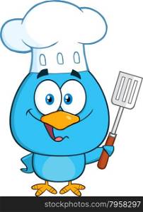 Chef Blue Bird Cartoon Character Holding A Slotted Spatula