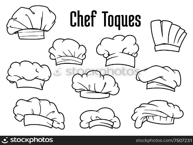 Chef caps, hats and toques icons with various classic white textile uniform headwears. White chef caps and toques set