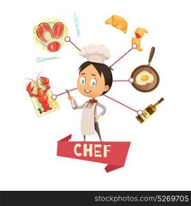 Chef Cartoon Vector Illustration For Kids. Cartoon vector illustration for kids with chef in apron and hat in center and food icons around