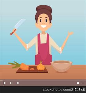 Chef channel. Cooking tv show or digital content, online blog. Housewife making dish, female chef blogger vector illustration. Tv show online, media culinary popular vlog. Chef channel. Cooking tv show or digital content, online blog. Housewife making dish, female chef blogger vector illustration