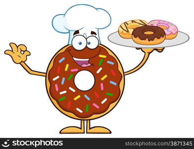 Chef Chocolate Donut Cartoon Character Serving Donuts