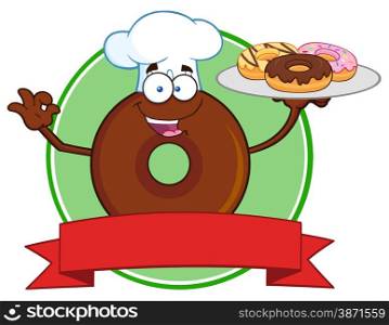 Chef Chocolate Donut Cartoon Character Serving Donuts Circle Label