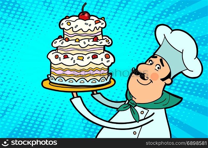 Chef cook character with cherry cake. The restaurant and cooking. People in the profession. Comic cartoon port art retro illustration vector. Chef cook character with cherry cake