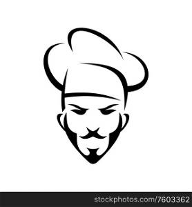 Chef cook from France isolated head in toque head. Vector French kitchener, restaurant worker, waiter or baker. French chef cook isolated kitchener